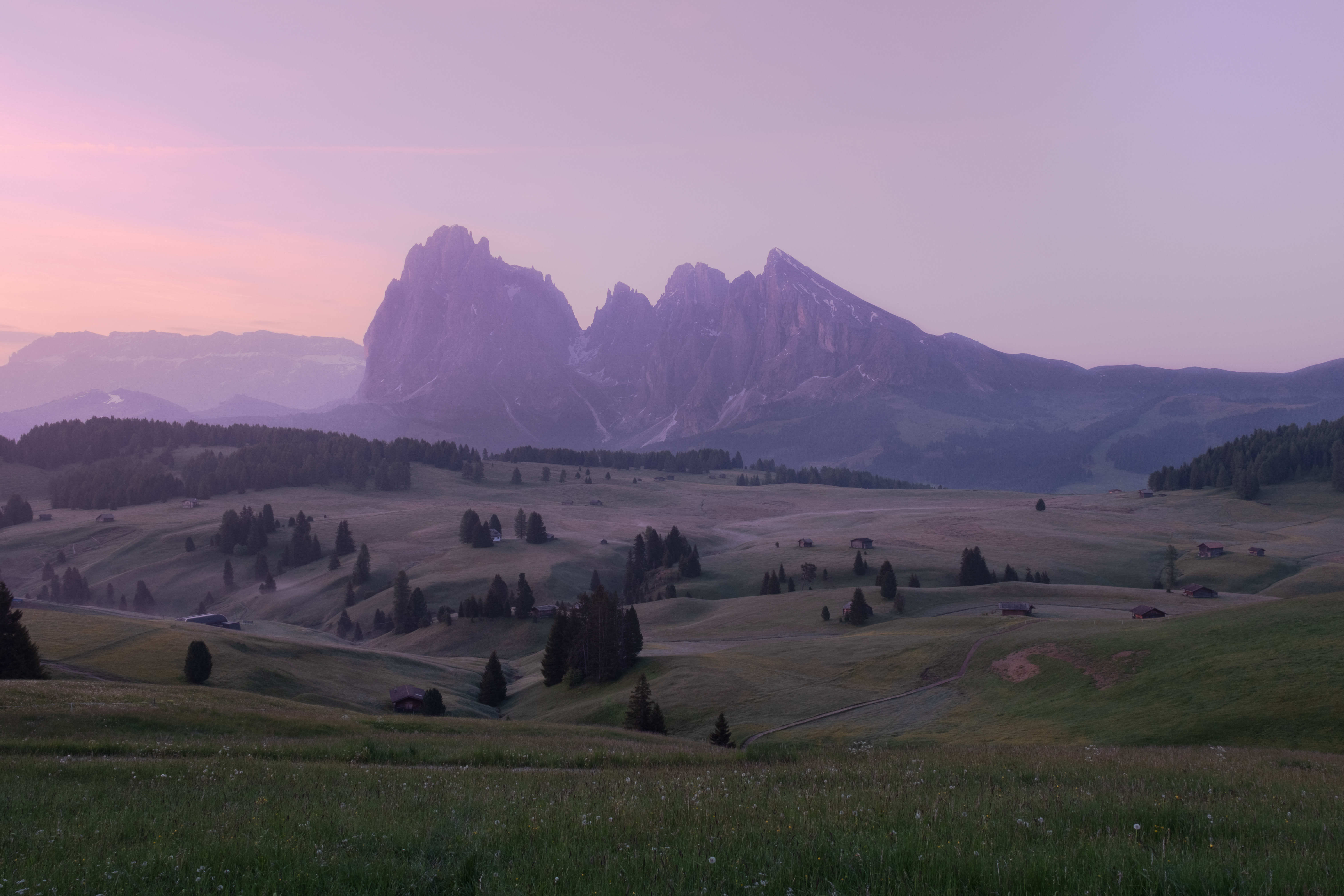 Sunrise in the Dolomites looking at Alpe Di Siusi / Seiser Alm.